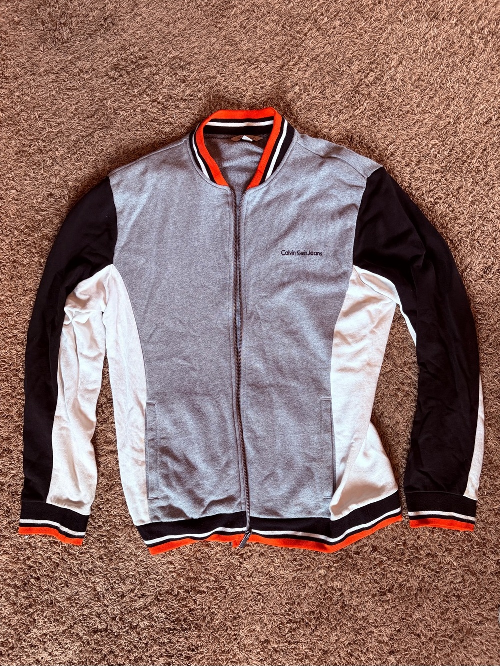 Calvin Klein Jeans Orange, Black, White & Gray Striped Collar Sweatshirt